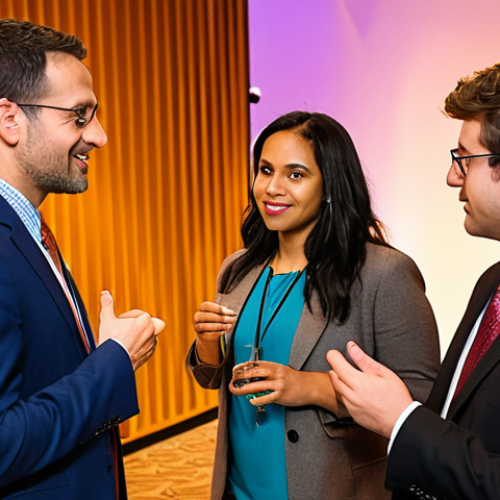 Home 11 **A vibrant networking event filled with diverse professionals engaged in lively discussions about public policy, showcasing the importance of building connections in the field. Warm lighting, modern attire, and a sense of collaboration.**