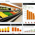 **

A vibrant data visualization dashboard (Tableau or Power BI style) displaying sales trends of a Spanish supermarket chain. The dashboard highlights food waste reduction achieved through predictive models. The scene should evoke a sense of informed decision-making and positive impact. People are analyzing charts and graphs, looking satisfied.

**