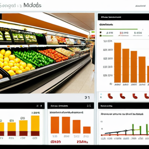 Home 6 **
A vibrant data visualization dashboard (Tableau or Power BI style) displaying sales trends of a Spanish supermarket chain. The dashboard highlights food waste reduction achieved through predictive models. The scene should evoke a sense of informed decision-making and positive impact. People are analyzing charts and graphs, looking satisfied.
**