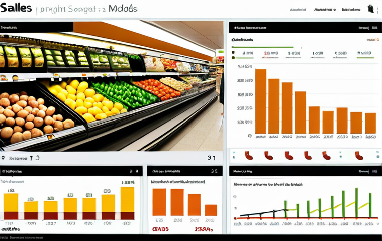 **
A vibrant data visualization dashboard (Tableau or Power BI style) displaying sales trends of a Spanish supermarket chain. The dashboard highlights food waste reduction achieved through predictive models. The scene should evoke a sense of informed decision-making and positive impact. People are analyzing charts and graphs, looking satisfied.
**