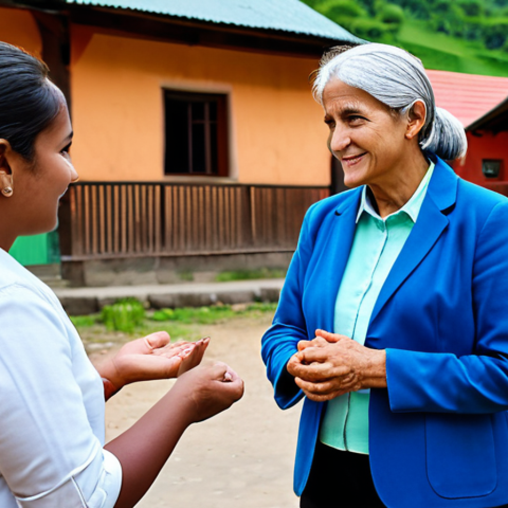 A professional female public policy analyst in a modest business casual outfit, respectfully listening to a small group of diverse community members (including an older man and a young woman) in a vibrant rural village square. They are fully clothed in appropriate, everyday attire. The scene is bright and shows genuine engagement, focusing on human connection and active listening. Safe for work, appropriate content, fully clothed, professional, perfect anatomy, correct proportions, natural pose, well-formed hands, proper finger count, high-quality photography, realistic rendering, family-friendly.