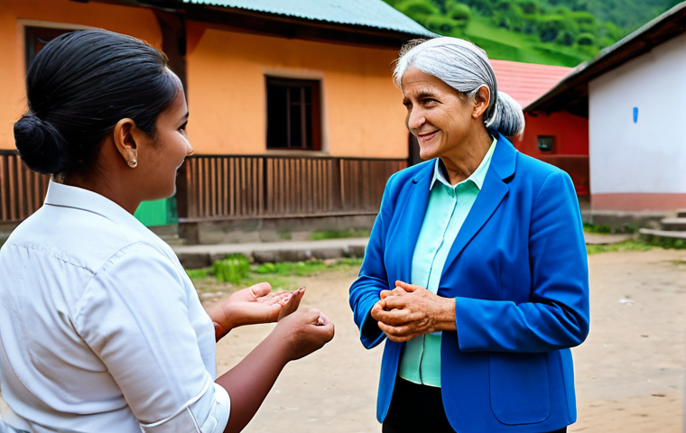 A professional female public policy analyst in a modest business casual outfit, respectfully listening to a small group of diverse community members (including an older man and a young woman) in a vibrant rural village square. They are fully clothed in appropriate, everyday attire. The scene is bright and shows genuine engagement, focusing on human connection and active listening. Safe for work, appropriate content, fully clothed, professional, perfect anatomy, correct proportions, natural pose, well-formed hands, proper finger count, high-quality photography, realistic rendering, family-friendly.