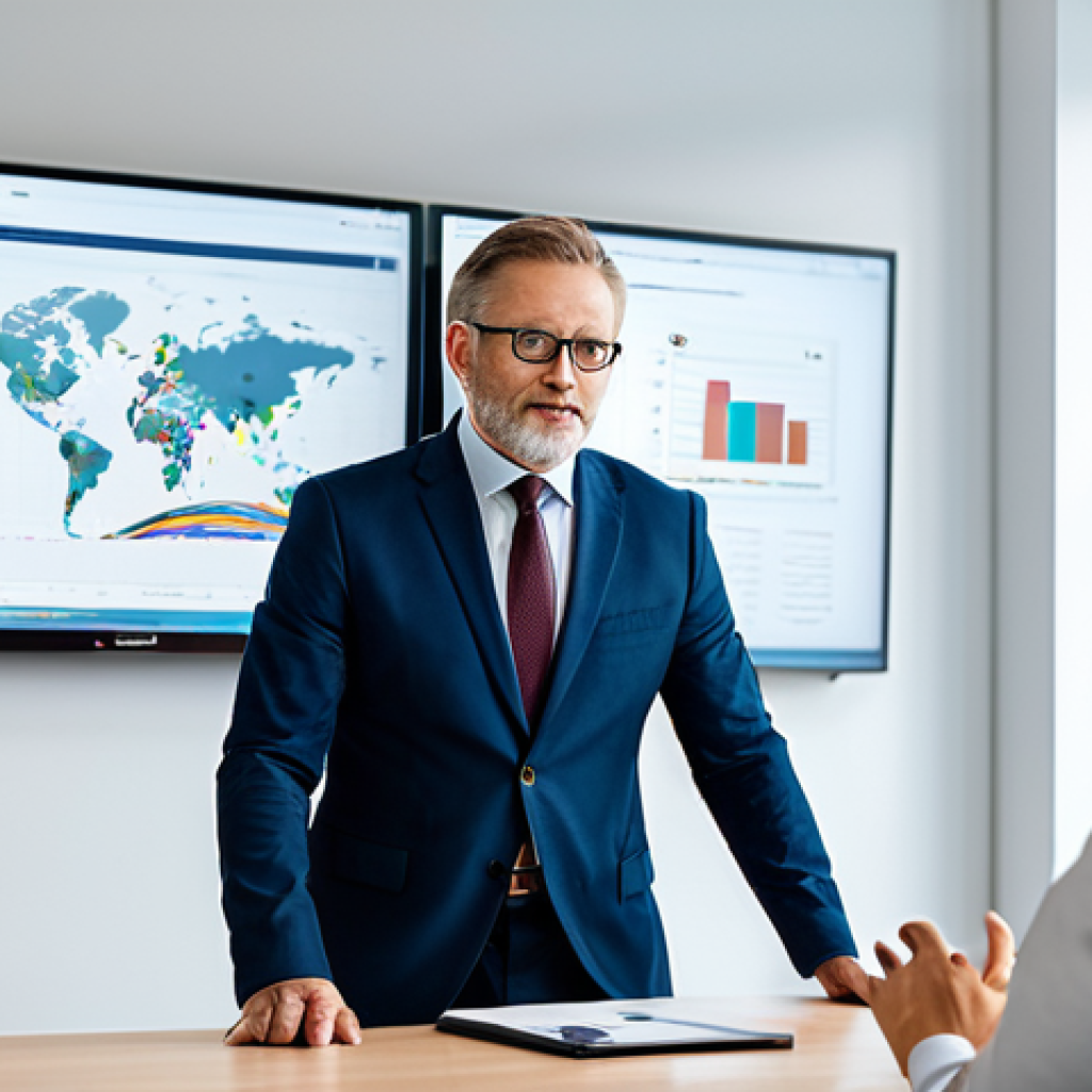 A professional policy analyst, fully clothed in a modest business suit, actively collaborating with a diverse team in a modern, brightly lit office meeting room. They are discussing complex data visualized on a large screen, engaged in critical interpretation and strategic problem-solving. The atmosphere is professional and focused, with a sense of purposeful collaboration. Perfect anatomy, correct proportions, natural pose, well-formed hands, proper finger count. Professional photography, high quality, safe for work, appropriate content, family-friendly.