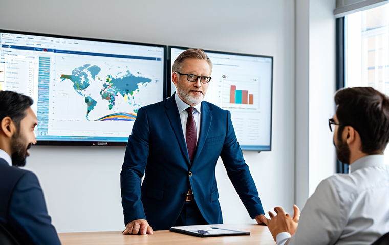 A professional policy analyst, fully clothed in a modest business suit, actively collaborating with a diverse team in a modern, brightly lit office meeting room. They are discussing complex data visualized on a large screen, engaged in critical interpretation and strategic problem-solving. The atmosphere is professional and focused, with a sense of purposeful collaboration. Perfect anatomy, correct proportions, natural pose, well-formed hands, proper finger count. Professional photography, high quality, safe for work, appropriate content, family-friendly.