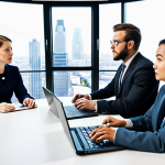 A diverse group of five professional policy analysts, composed of men and women of varying backgrounds, collaborating around a large, modern conference table. They are dressed in modest business suits and professional attire, actively engaged in a focused discussion. Papers, laptops, and a whiteboard with diagrams are visible. The setting is a brightly lit, contemporary office space with large windows overlooking a city skyline. The atmosphere is one of mutual trust and open communication, fostering innovative solutions. Professional photography, high resolution, soft studio lighting, perfect anatomy, correct proportions, natural pose, well-formed hands, proper finger count, natural body proportions, safe for work, appropriate content, fully clothed, professional, modest clothing.
