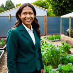 A compassionate female policy analyst, fully clothed in modest professional business attire, standing within a thriving community garden project. She is observing diverse community members engaging happily with the space, subtly demonstrating the positive, tangible impact of successful urban development policies. The scene is bathed in warm, natural daylight, set in a well-maintained, green urban area with modern, inclusive design elements. The image conveys a sense of community, progress, and human connection, highlighting the rewarding aspect of public service. safe for work, appropriate content, fully clothed, professional, perfect anatomy, natural pose, correct proportions, well-formed hands, proper finger count, natural body proportions, professional photography, high quality.
