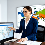**

A professional policy analyst in a fully clothed, modest business attire, working on a computer in a bright, modern office. The background includes bookshelves and a world map. Perfect anatomy, correct proportions, natural pose, well-formed hands, proper finger count, safe for work, appropriate content, professional.

**