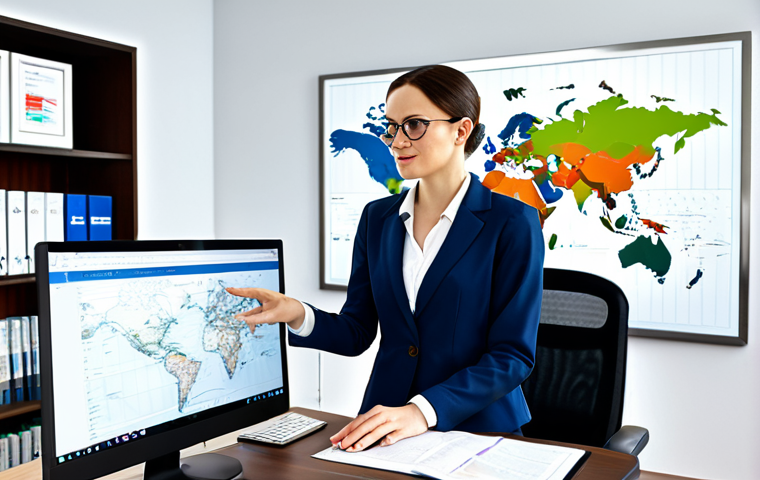 **

A professional policy analyst in a fully clothed, modest business attire, working on a computer in a bright, modern office. The background includes bookshelves and a world map. Perfect anatomy, correct proportions, natural pose, well-formed hands, proper finger count, safe for work, appropriate content, professional.

**