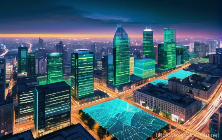 정책분석사와 데이터 활용 성공 사례 - **Prompt:** A vibrant, futuristic cityscape at dusk, seen from an elevated perspective. Digital data...
