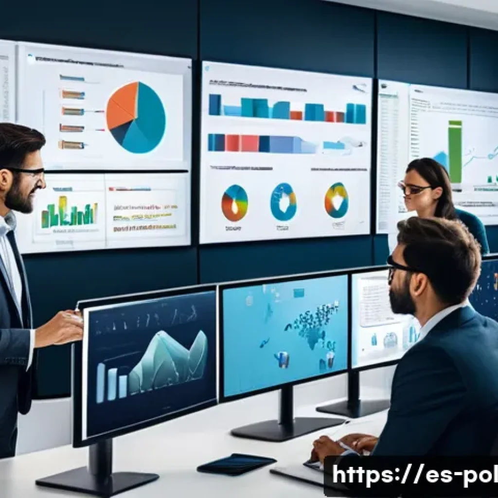 정책분석사 실무에서의 정책 모델링 - A detailed illustration of a government policymaker team in a modern office, analyzing complex publi...