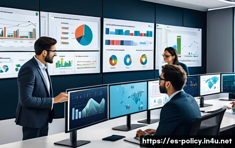 정책분석사 실무에서의 정책 모델링 - A detailed illustration of a government policymaker team in a modern office, analyzing complex publi...