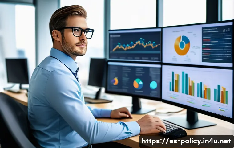 정책분석사 연봉 인상 사례 - A professional public policy analyst in a modern office environment, working with multiple computer ...