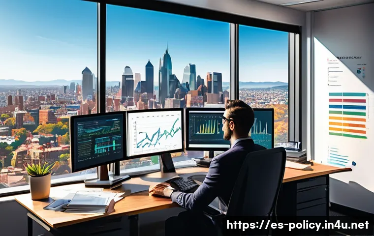 정책분석사로서 꼭 읽어야 할 책 - A detailed illustration of a professional policy analyst workspace in a modern office setting, featu...
