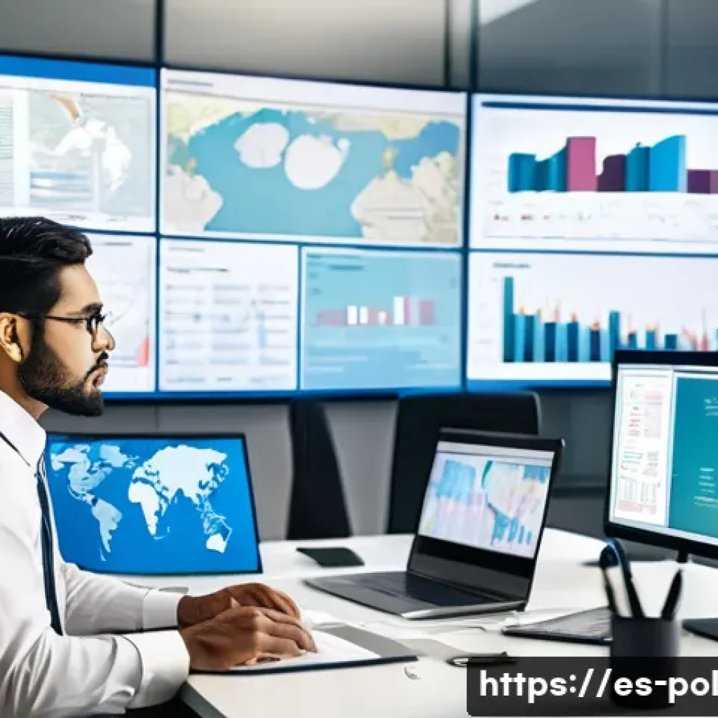 정책분석사와 커리어 목표 설정 사례 - A professional policy analyst in a modern office setting, surrounded by multiple computer screens di...