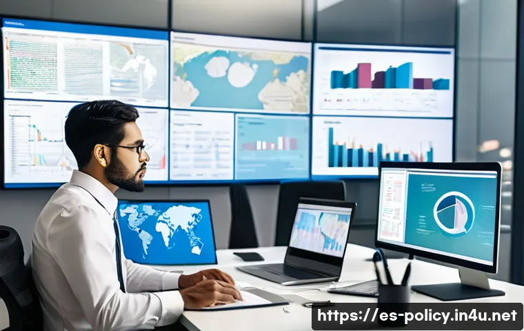정책분석사와 커리어 목표 설정 사례 - A professional policy analyst in a modern office setting, surrounded by multiple computer screens di...
