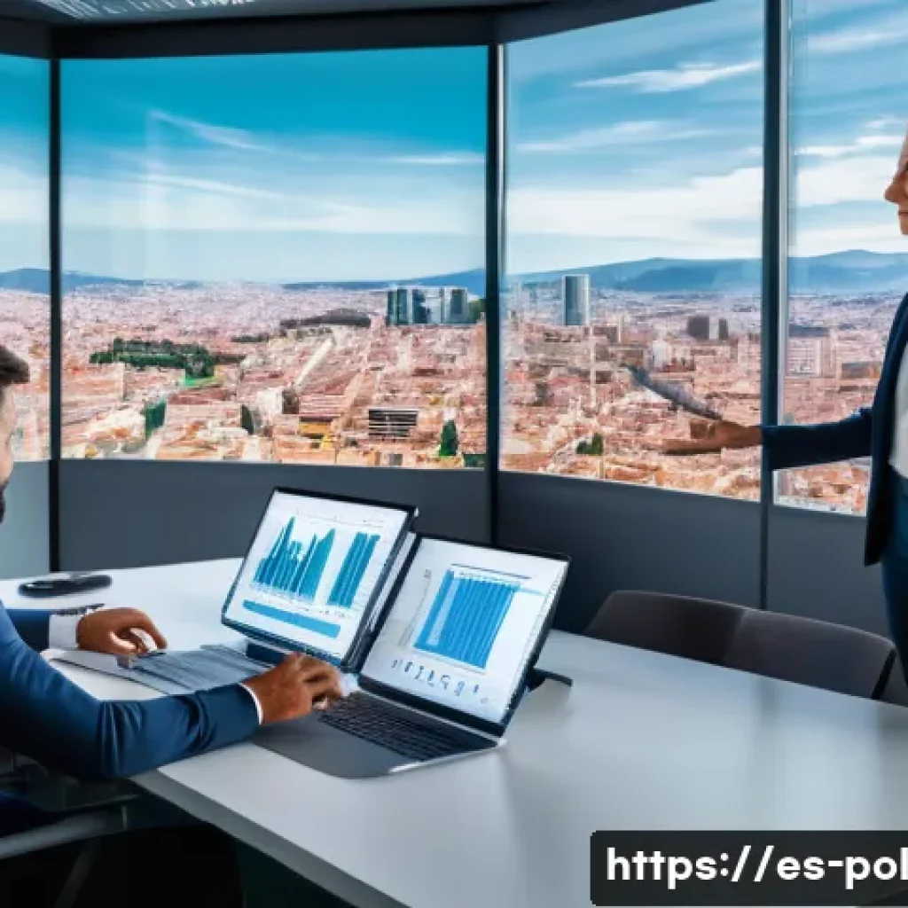 정책분석사와 IT 기술 활용 사례 - A modern government policy analyst office in Spain, featuring diverse professionals collaborating ar...
