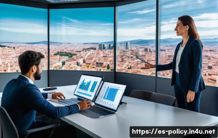 정책분석사와 IT 기술 활용 사례 - A modern government policy analyst office in Spain, featuring diverse professionals collaborating ar...