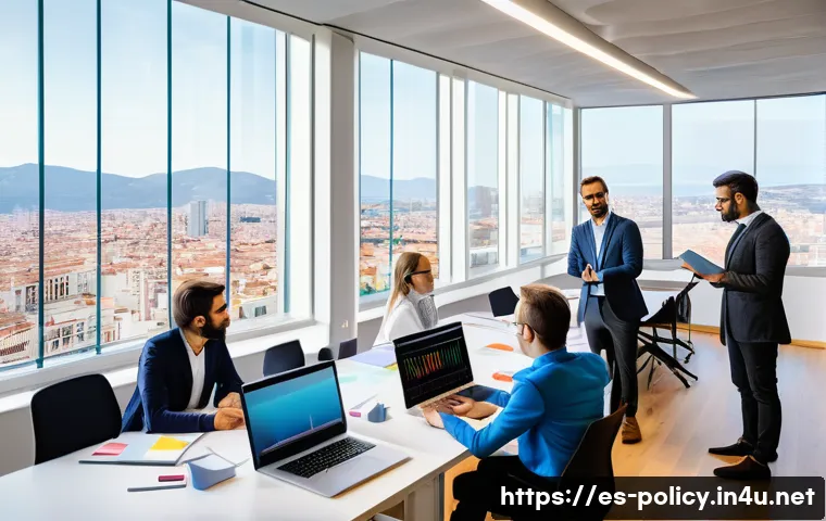 정책분석사와 직무 성과와 평가 사례 - A professional public policy analyst team in a modern office setting in Spain, working collaborative...