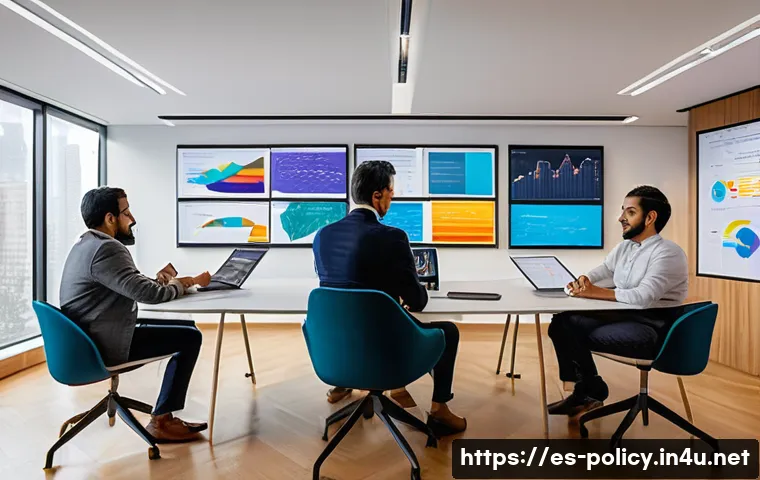 정책분석사와 정책 평가 방법론 - A diverse group of Latin American policy analysts in a modern office setting, working collaborativel...