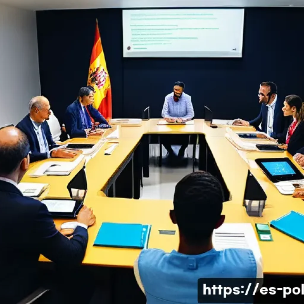 정책분석사와 최신 정부 프로그램 분석 - A vibrant urban community meeting in Spain, featuring diverse participants engaging in a public cons...