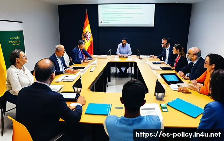 정책분석사와 최신 정부 프로그램 분석 - A vibrant urban community meeting in Spain, featuring diverse participants engaging in a public cons...