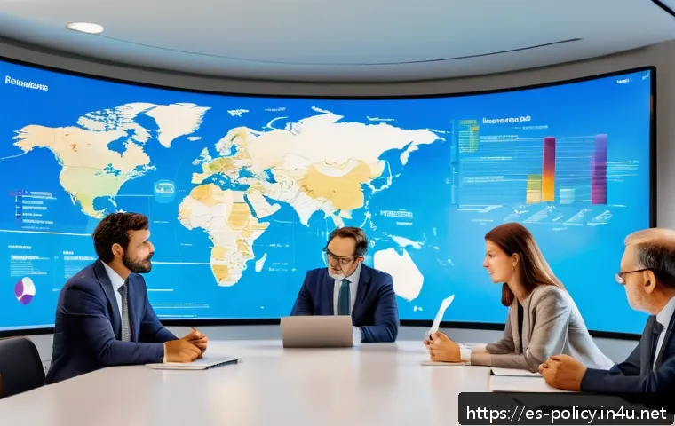 정책분석사와 공공 정책 성공 사례 연구와 경력 개발 전략 - A diverse group of public policy analysts in a modern office setting, collaborating around a large d...