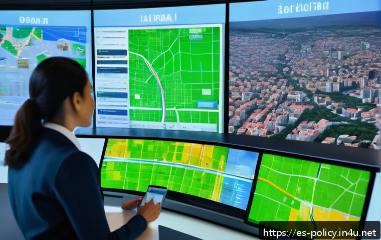 정책분석사와 데이터 분석 성공 사례와 연구 - A vibrant urban planning control room in a modern Latin American city, featuring large digital scree...