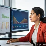 정책분석사와 직무 성공 사례와 경력 개발 - A professional political analyst in a modern office setting, focused on multiple computer screens di...