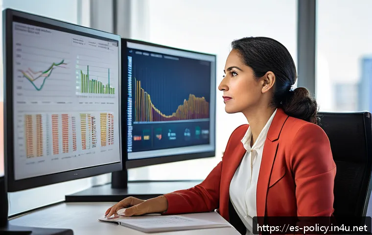 정책분석사와 직무 성공 사례와 경력 개발 - A professional political analyst in a modern office setting, focused on multiple computer screens di...