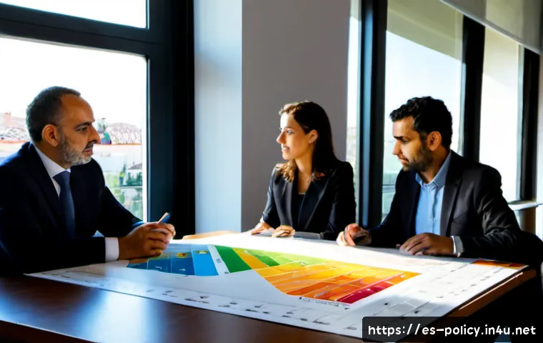 정책분석사와 정책 수립의 과정 이해 - Photorealistic policy analyst in a bright municipal office in Madrid, professionally dressed adult r...